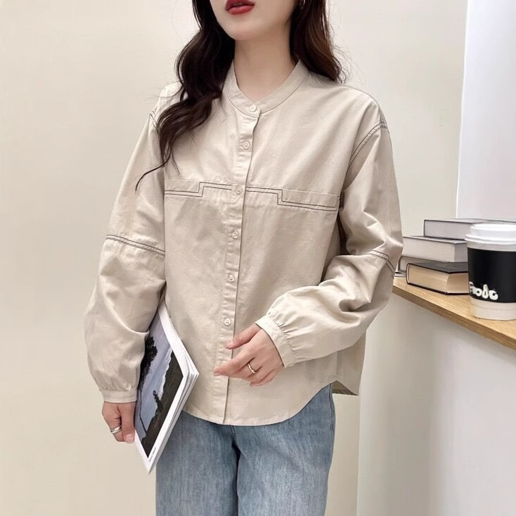 长袖衬衫 2025秋季新款 文艺宽松立领上衣女简约显瘦打底衬衣8163|undefined