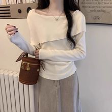 设计感一字肩翻领长袖针织衫女春秋内搭修身甜辣打底毛衣外穿上衣