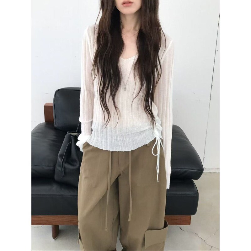 Now Korean designer nuese side drawstring knitwear Korean style women's clothing gentle and relaxed v-neck sweater Now Korean designer nuese side drawstring knitwear Korean style women's clothing gentle and relaxed v-neck sweater