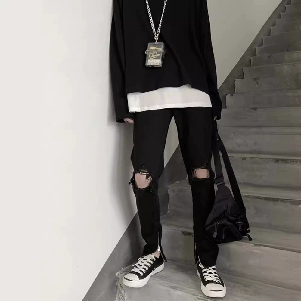 Корейская версия Street Summer Black Loose Naudi Big Broken Jeans Male Casual Permanent Pine Pants