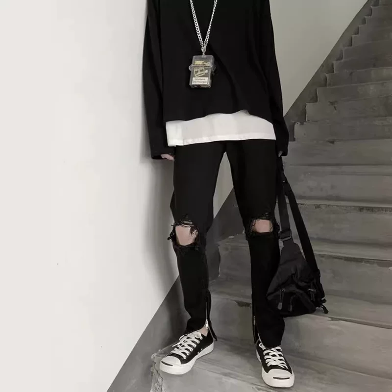 Корейская версия Street Summer Black Loose Naudi Big Broken Jeans Male Casual Permanent Pine Pants