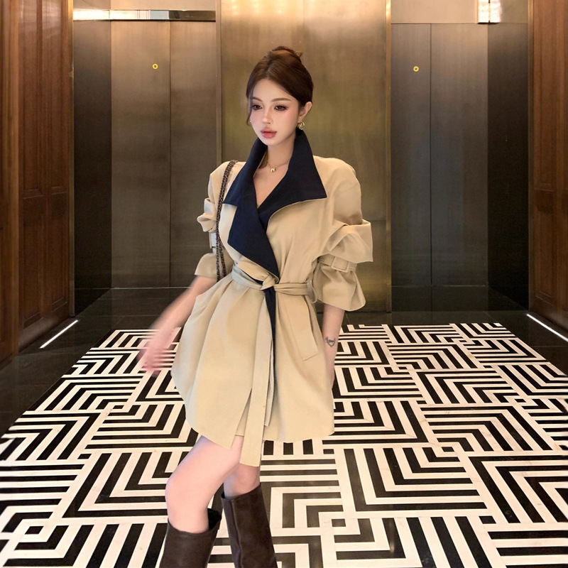 RHGD实拍2025短款风衣外套女韩系气质撞色收腰翻领系带大衣2025|undefined