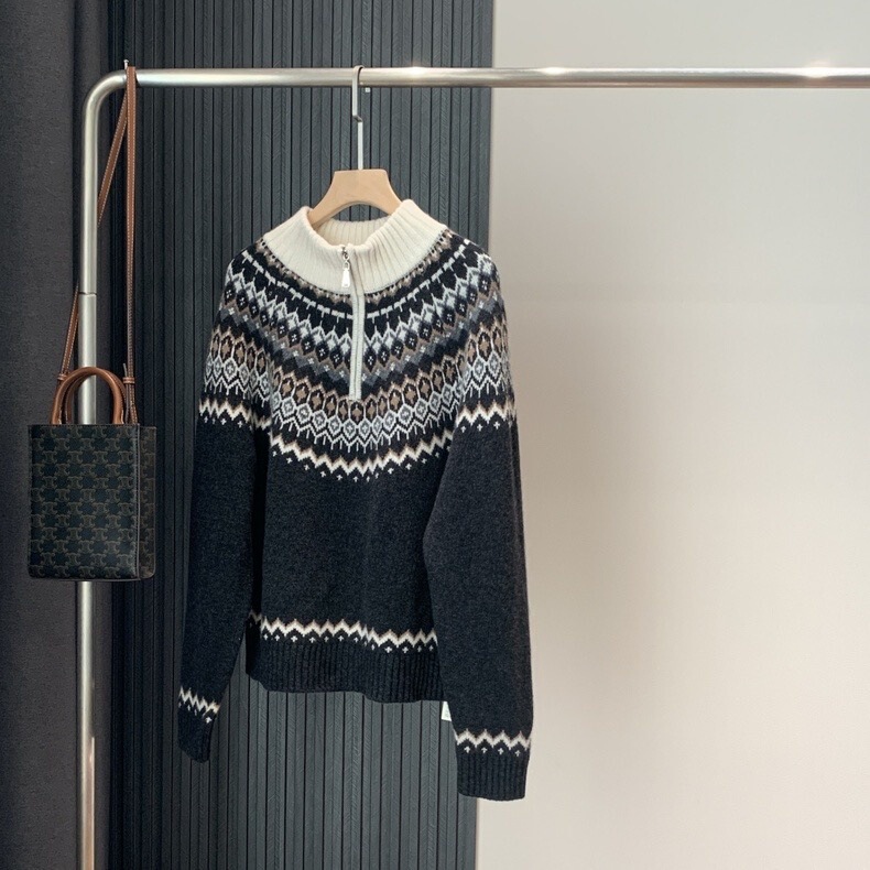 2024 winter new lazy style fair island jacquard half zipper stand collar all-match worsted wool sweater sweater