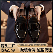 新款一脚蹬牛皮亮面乐福鞋男双搭扣套脚皮鞋商务正装孟克男鞋休闲