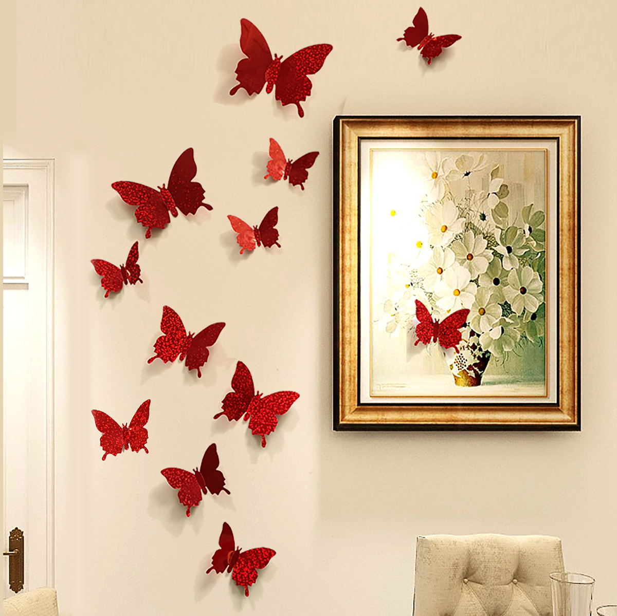 Adesivos de parede borboletas 3d com glitter para sala_voghion.com