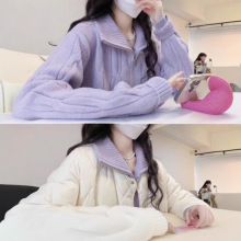 HUOTONG香芋紫色麻花高领毛衣外套女2025年秋冬软糯拉链针织开衫