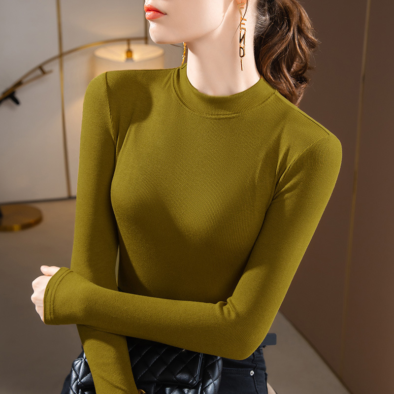 Threaded Base Shirt for Women with Regular Shoulders, Small Stand-Up Collar, Long Sleeves, T-Shirt for Autumn and Winter, Elastic Top, Half-High Collar, Slimming Effect Threaded Base Shirt for Women with Regular Shoulders, Small Stand-Up Collar, Long Sleeves, T-Shirt for Autumn and Winter, Elastic Top, Half-High Collar, Slimming Effect