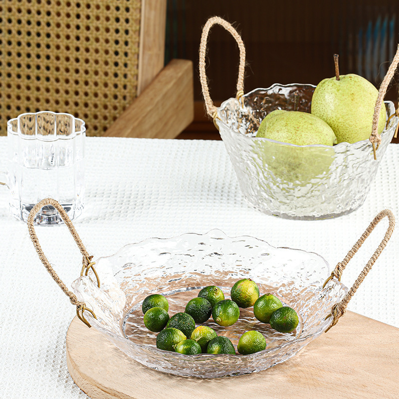 Hemp Rope Glass Plate High Color Value Plate Household Advanced Sense Hemp Rope Plate Candy Snacks Hammer Pattern Glass Plate Ornaments