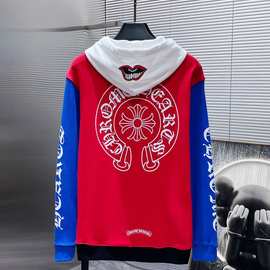 顶级版Chrome Hearts 秋冬撞色拼接梵文马蹄红嘴连帽卫衣宽松帽衫