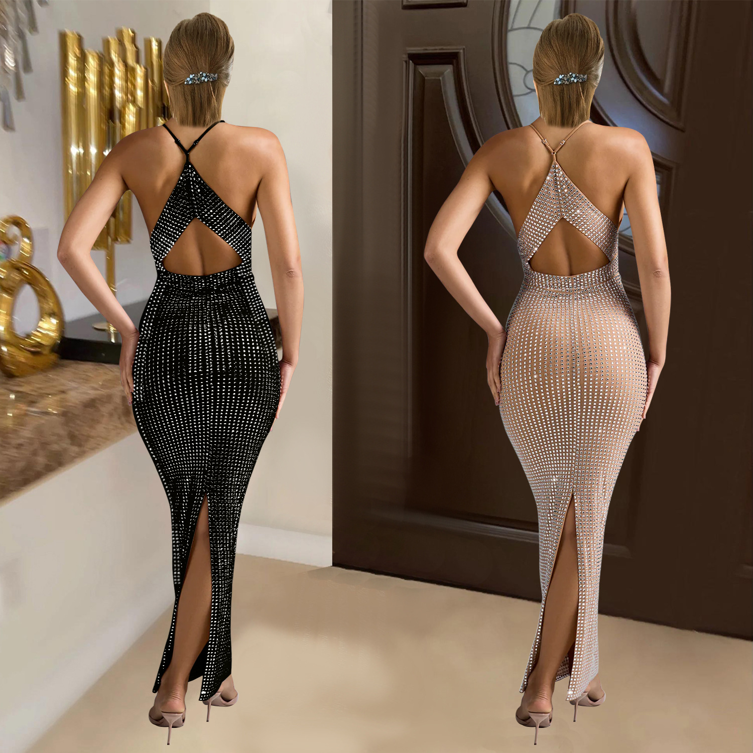 C6963 Aliexpress transfronterizo Amazon estación independiente de moda europea y americana ropa de mujer de cuello en V sin mangas vestido largo image 3