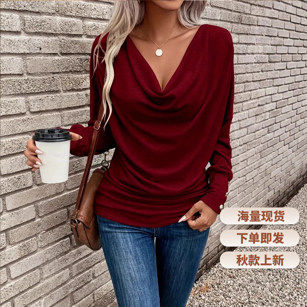 Women's Solid Color V-neck Long Sleeve T-shirt Spring And Autumn...