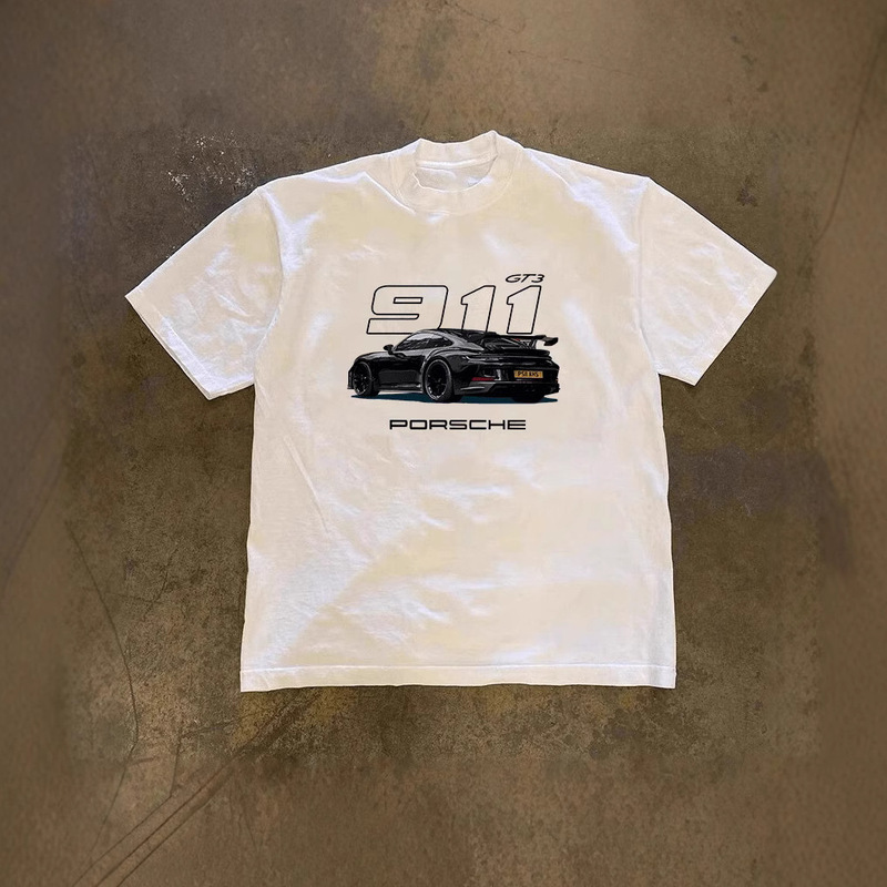 250g Heavy Cotton! American Oversize Porsche 911 Printed Couple Women's Loose Short-Sleeved T-Shirt for Men