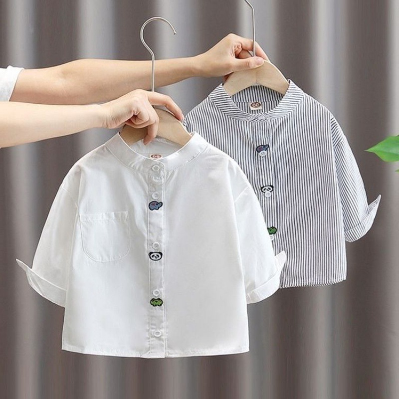 Spring and Autumn Children's Shirts for Boys and Girls, Stylish and Trendy Korean Style Striped Cartoon Stand Collar Cardigan Shirts