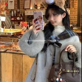 航海艺术家 秋冬韩系格子双面呢大衣毛毛袖口海军领毛呢外套女