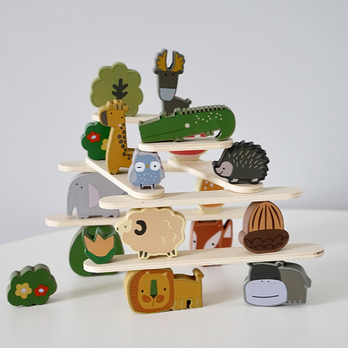 Children's early education wooden animal stacking building blocks fun balanced stacking Arhat parent-child interactive educational toy