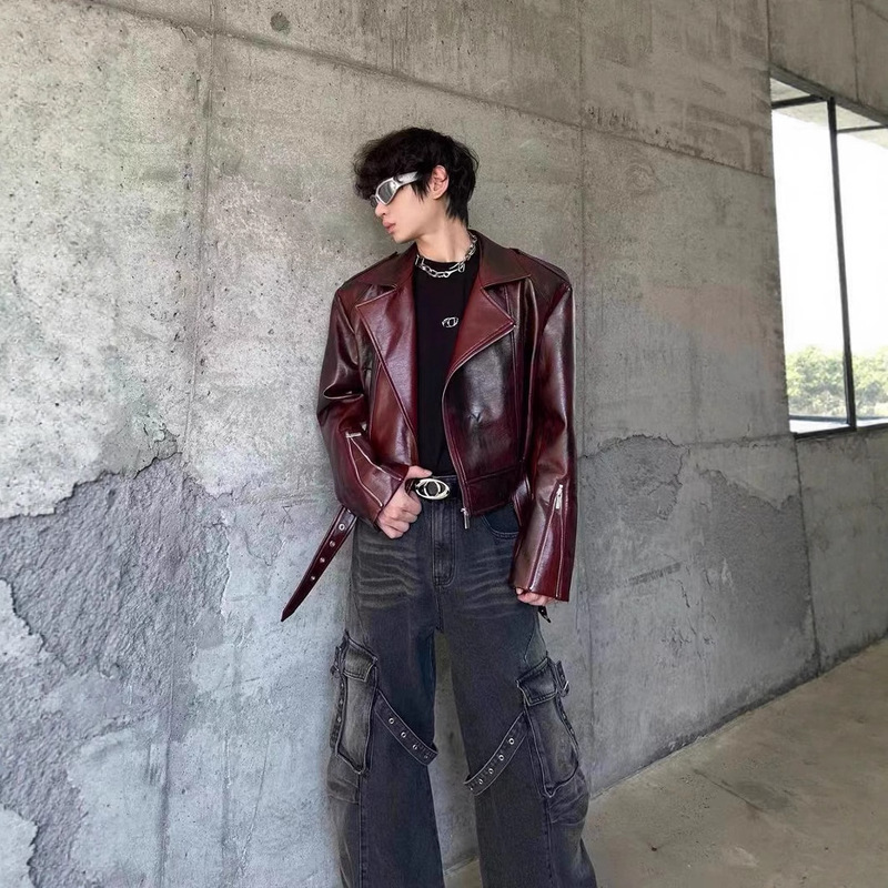 European and American Heavy Industry Angora Red High-End Pu Leather Motorcycle Jacket for Men and Women