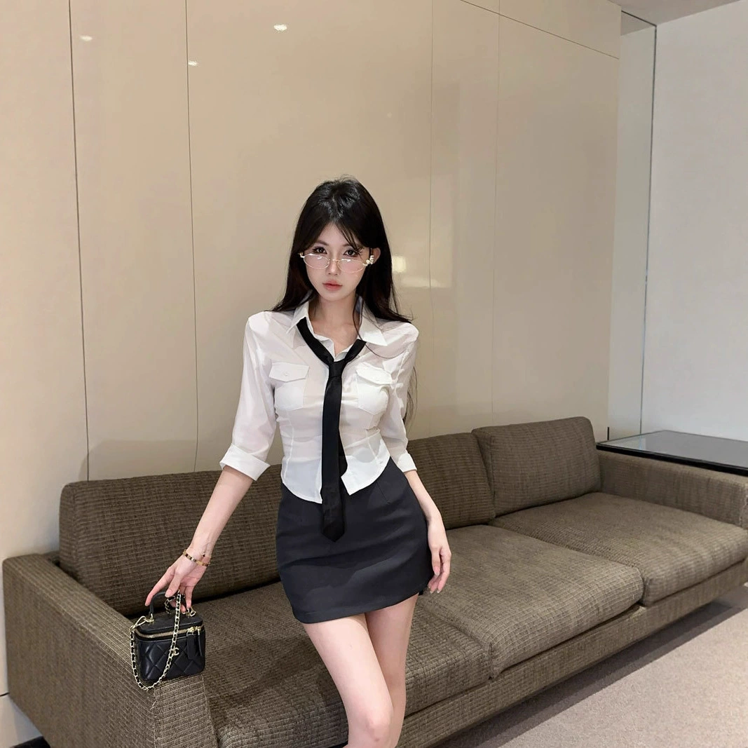 Облегающая рубашка в миниатюрном стиле преппи, топ с средними рукавами, женская облегающая короткая юбка с высокой талией, модный модный наряд