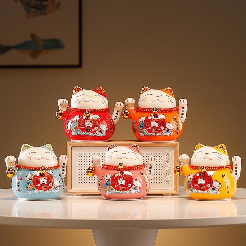 Large electric crank-operated lucky cat figurine for home decor shops, opening gift, ceramic ornament, automatic beckoning.