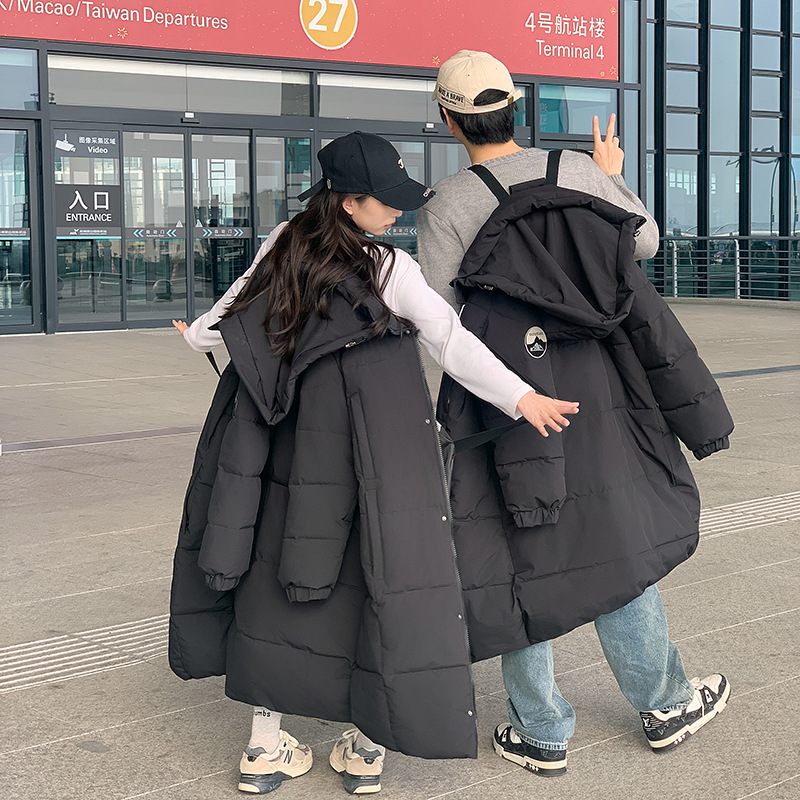 Negro sobre la rodilla larga chaqueta de algodón de pluma femenina invierno 2025 nuevo estilo coreano chaqueta de pan encapuchado para pareja chaqueta de algodón image 4