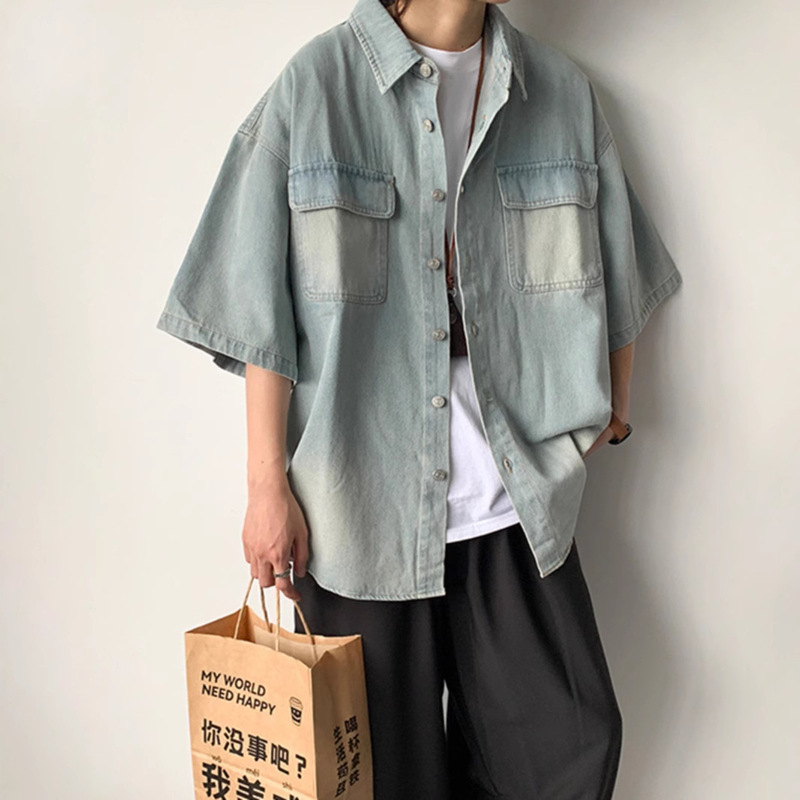 light blue Denim Short-sleeved Shirt Jacket Men's Summer Japanese vintage Work Jacket Trendy Seven-sleeved Shirt