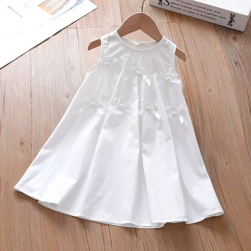 特价女童夏季连衣裙新款童装韩版洋气蝴蝶结白色背心裙棉可扎染