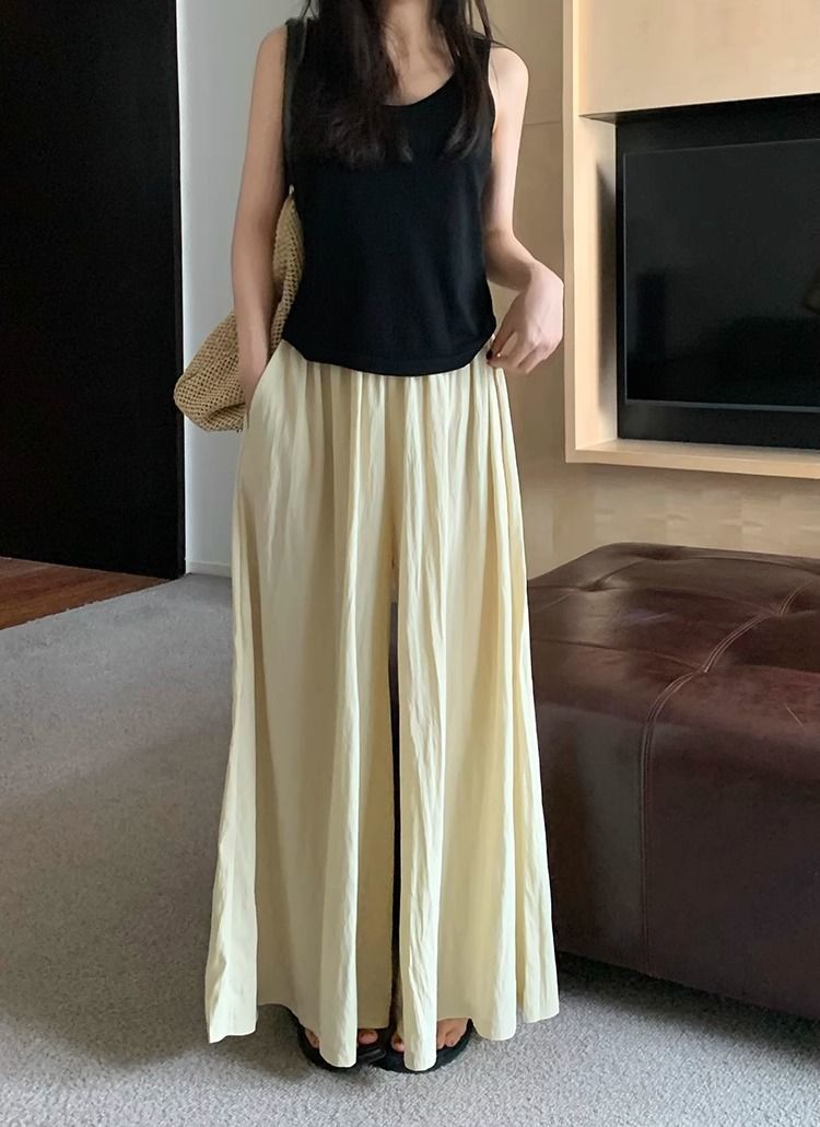 Textured casual trousers for women new retro high waist slim design solid color wide leg skirt pants_voghion.com