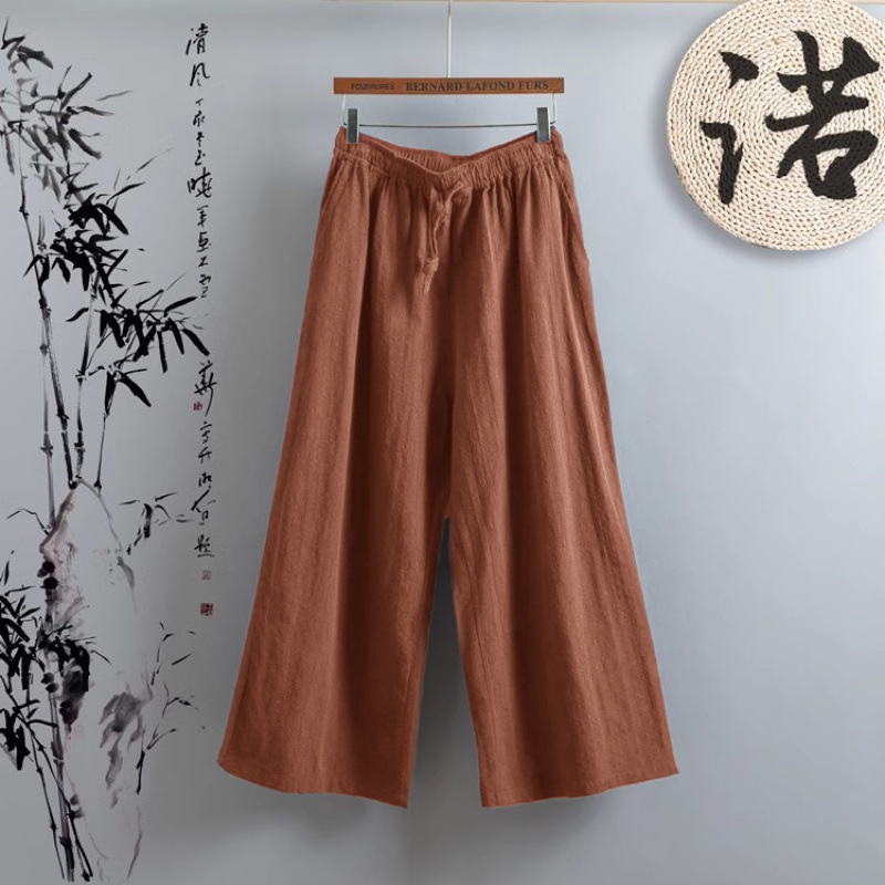 文学レトロコットンとリネンカジュアルワイドレッグパンツ女性のための 2025 夏弾性ウエスト巾着ストレート無地ロングパンツ|undefined