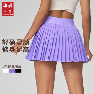Wharton Summer Sports Pleated Skirt Anti-Exposure High-Waist Tummy Control Pocket Fitness A-Line Tennis Skirt Faux Two-Piece Short Skirt