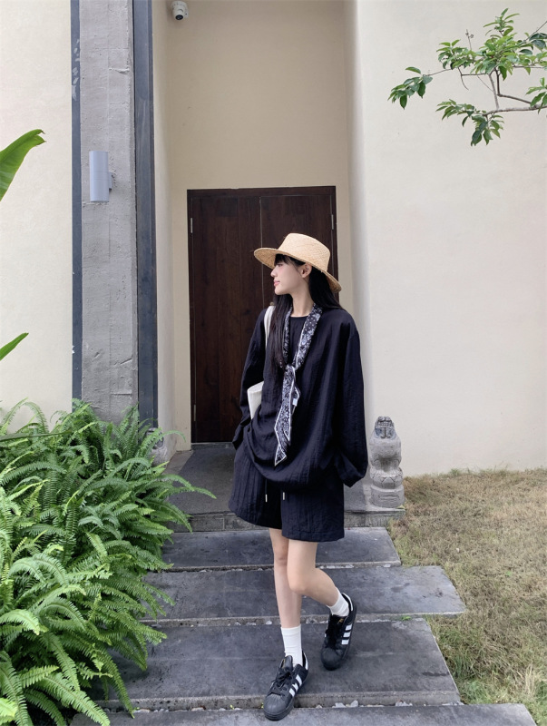 气质套装丝巾白色防晒长袖衬衫女装夏季抽绳休闲短裤松弛感两件套|undefined