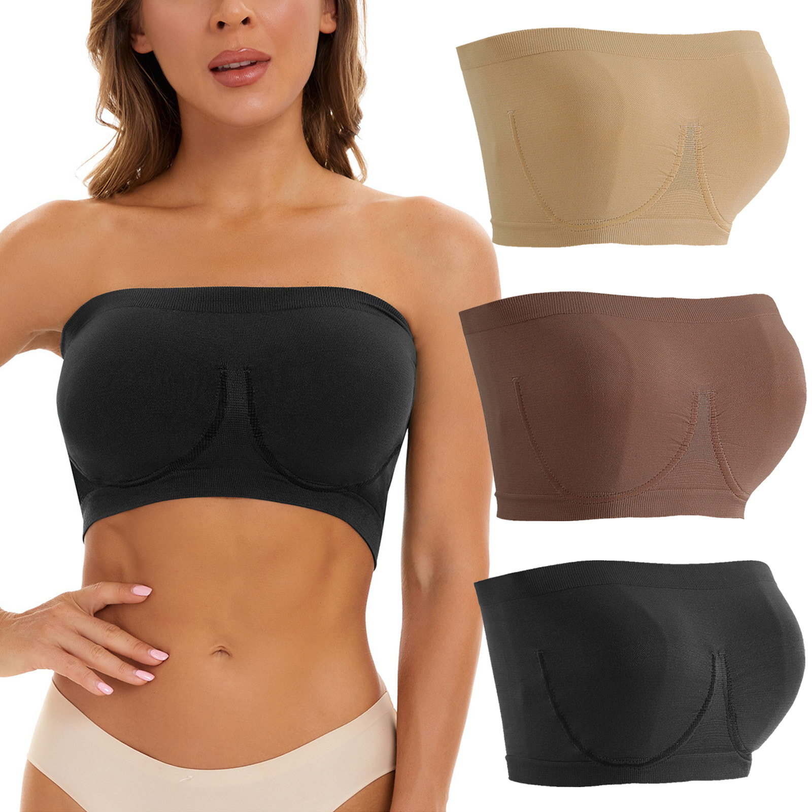 thumbnail image 1 of Sujetador de tubo con borde de acero de imitación sin costuras de talla grande para mujer Sujetador de tubo sin tirantes con borde de acero de tela verde Talla grande para mujer, 1 of 5