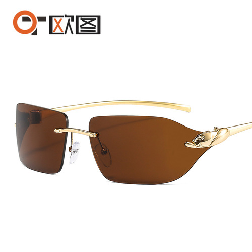 Metal leopard head decoration cross-border hot-selling frameless side shield curved sunglasses colorful fashion retro men's and women's sunglasses