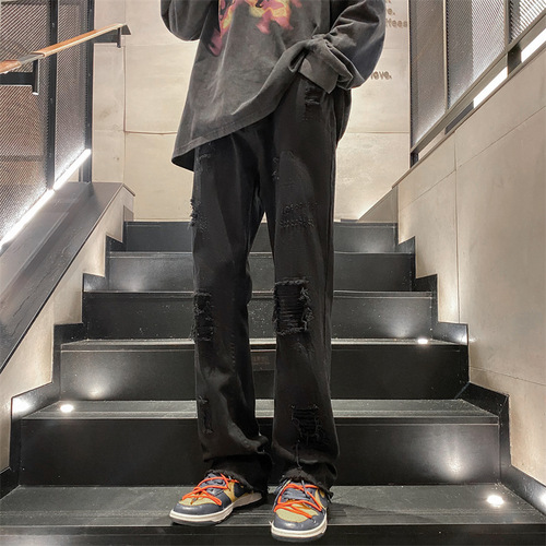 American and European streetwear distressed hole denim jeans for men, spring and autumn, Instagram trendy brand, high street straight-leg pants, loose and versatile, cool and stylish long pants