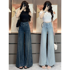 烫钻阔腿喇叭牛仔裤女2025年春夏新款时尚辣妹潮流感百搭直筒裤子