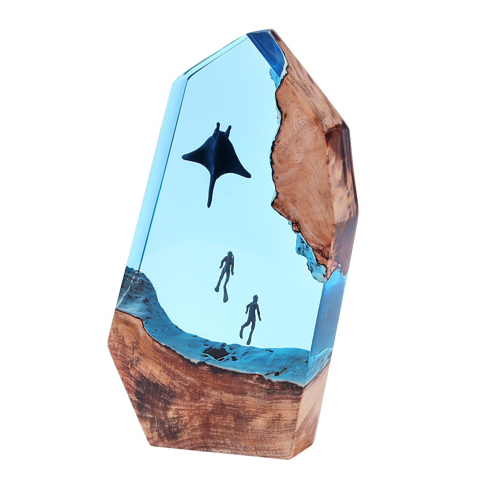 Ocean Cave Jellyfish Diver Dragon Turtle Ornament Lamp Holder Solid Wood Resin Lamp Birthday Gift Decoration Led Lamp
