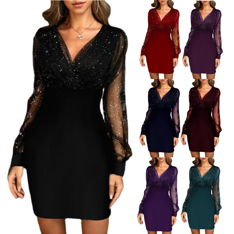 Cross-border European and American Foreign Trade Women's Clothing Amazon Independent Station Mesh V-neck Sequin Long Sleeve Dress Slim-fit Dress Women Cross-border European and American Foreign Trade Women's Clothing Amazon Independent Station Mesh V-neck Sequin Long Sleeve Dress Slim-fit Dress Women