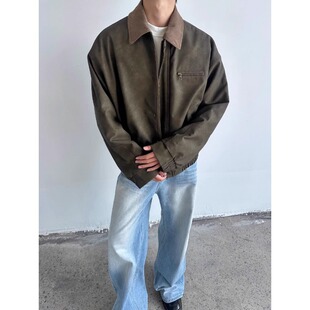 Vintage Heavy-Duty Corduroy Patchwork Lapel Pu Leather Jacket Men's Trendy Brand Melade Tie-Dye Loose Short Workwear Jacket