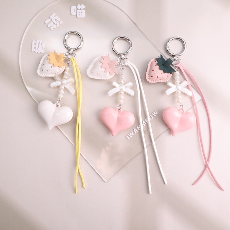 Miu Series Mobile Phone Chain Bag Keychain Leather Strawberry Bag Pendant Resin Heart Charm Personalized Keychain