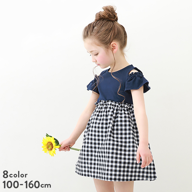 2022 Summer Girls' Japanese Style Outfit Fake Two-Piece Off-Shoulder Dress Breathable Skirt Lightweight Skirt