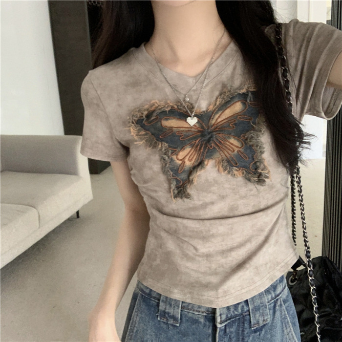 アメリカンレトロバタフライローエッジTシャツレディース夏ホットガールプリーツ半袖シャツウエスト痩身ショートトップ|undefined