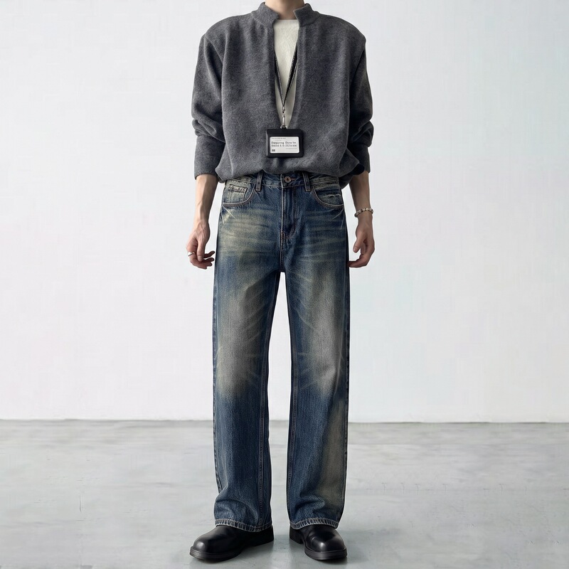 Old Money Style Men's Slim Fit Stretch Jeans, Vintage Heavy Wash, Spring/Summer Trendy American High Street Straight Pants