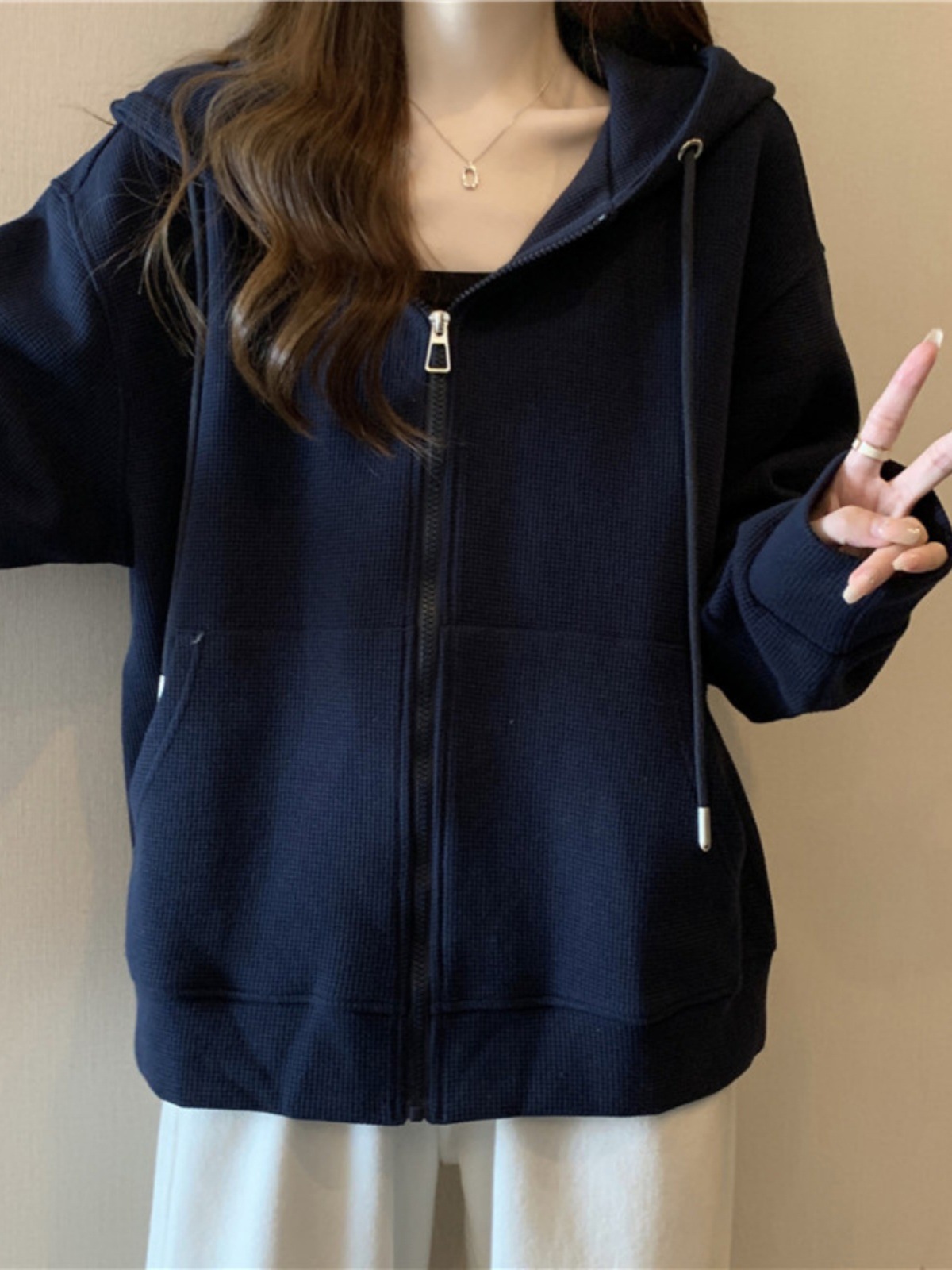 봄과 가을 올 매치 느슨한 슬리밍 와플리 지퍼 카디건 슈퍼 핫 CEC 얇은 후드 스웨트 셔츠 여성용 탑 재킷