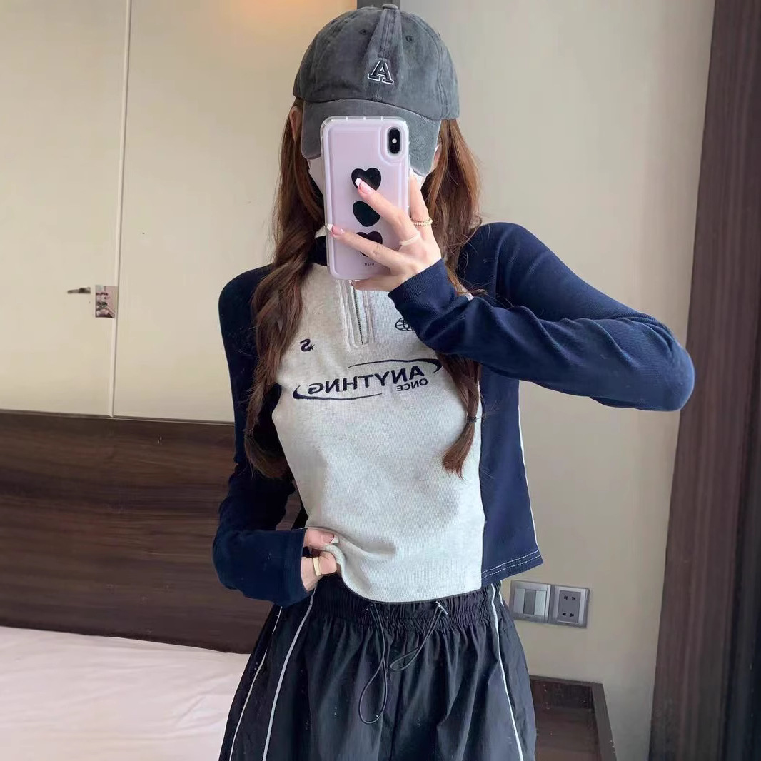 퓨어 코튼 하프 지퍼 스위트 쿨 인즈 아메리칸 스타일 하프 하이 칼라 롱 슬리브 탑 가을 라글란 슬리브 티셔츠 여성 자수 베이스 셔츠