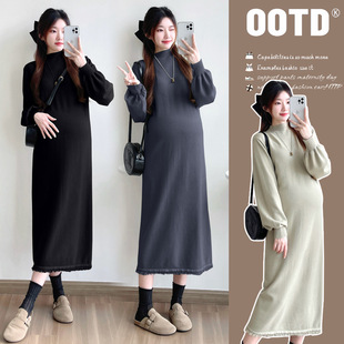 Pregnant Women's dress 2024 New Autumn and Winter Inner Base Elegant Loose Long Sleeve High Neck Knitted Dress