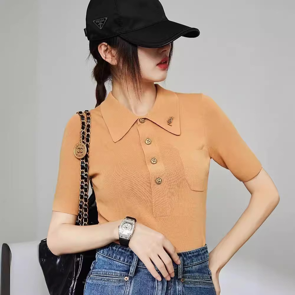 Yangshulin Ice Silk Polo Collar Three-Color Popular Knitted Short-Sleeve Loose Casual Slimming Versatile Shirt for Women