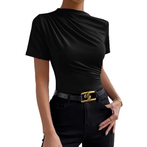 Short-sleeve T-shirt European and American cross-border short-sleeve French temperament thin women's casual pleated crew neck T-shirt