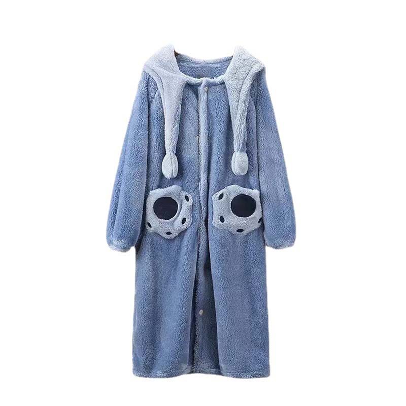 Shi Di Couple Thickened Pajamas Women's 2022 Autumn and Winter New Coral Fleece Nightgown Warm Bathrobe Cute Home Clothes