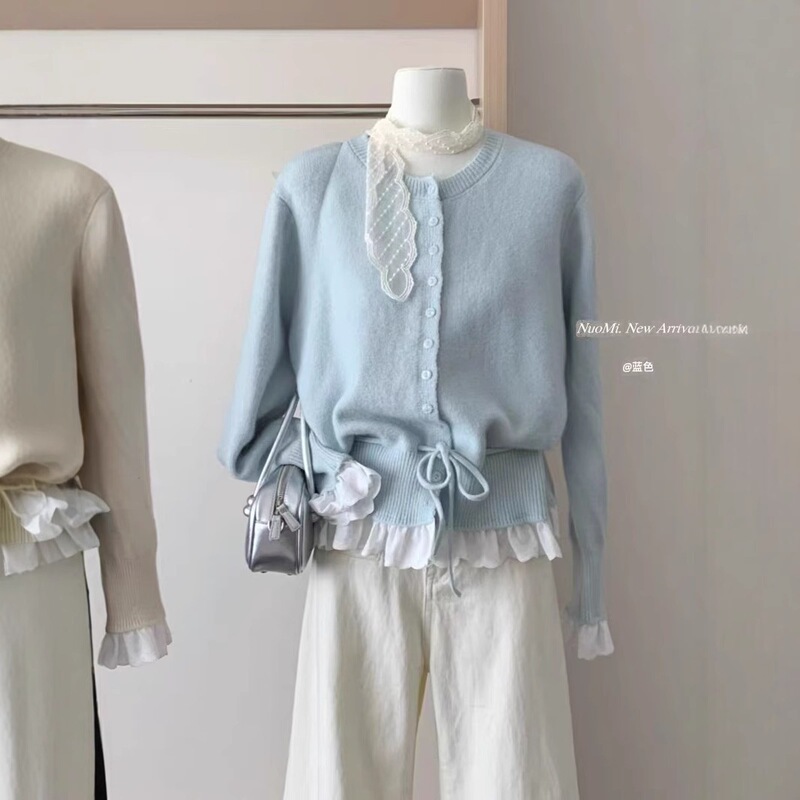 Fake two-piece Korean-style sweet and youthful lace-trimmed waist-tied sweater for women, new autumn and winter knitted cardigan for women