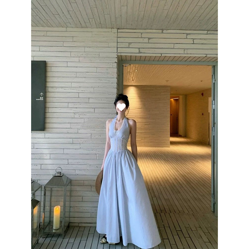 【店頭売れ筋】美神降臨ホルターネックロングスカートトップス新作スリム中空ステッチレースストライプホルターネック|undefined