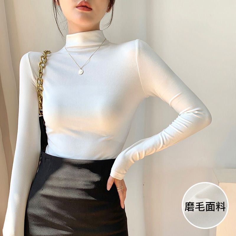 2026 otoño y invierno nuevo medio cuello de terciopelo negro camiseta de base femenina coreana gruesa camiseta de manga larga de doble cara image 5
