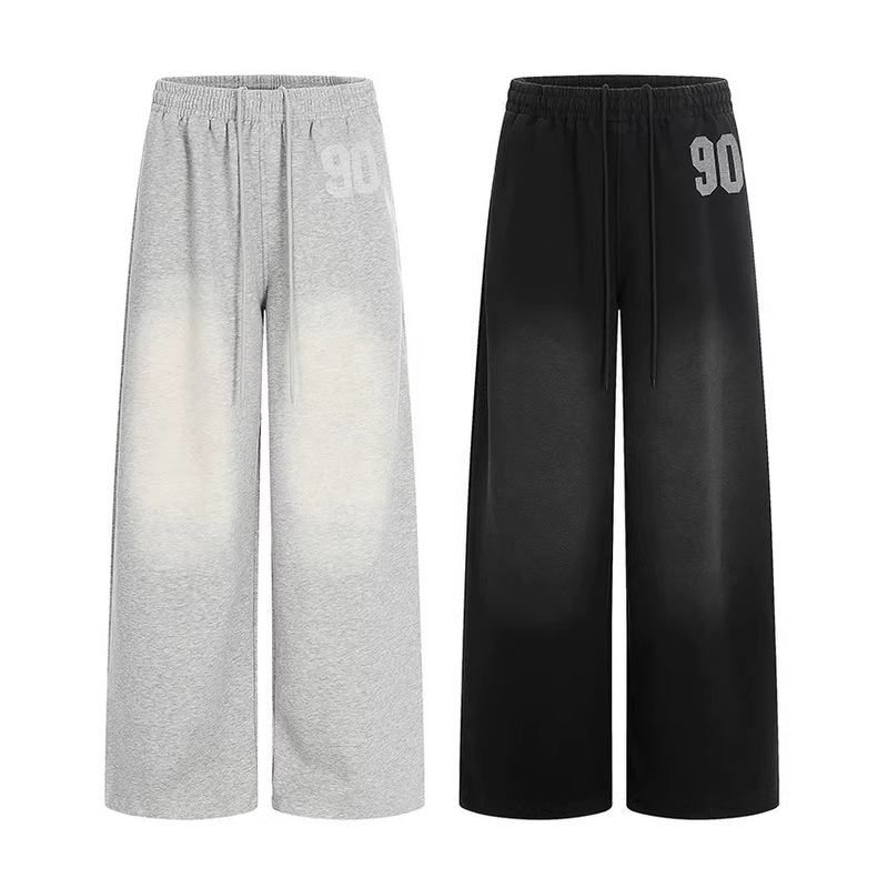 Tuochuan Ck6921 American Retro Straight-Leg Sweatpants for Men and Women with Drawstring, Washed and Distressed Letter Print, Sports Casual Pants